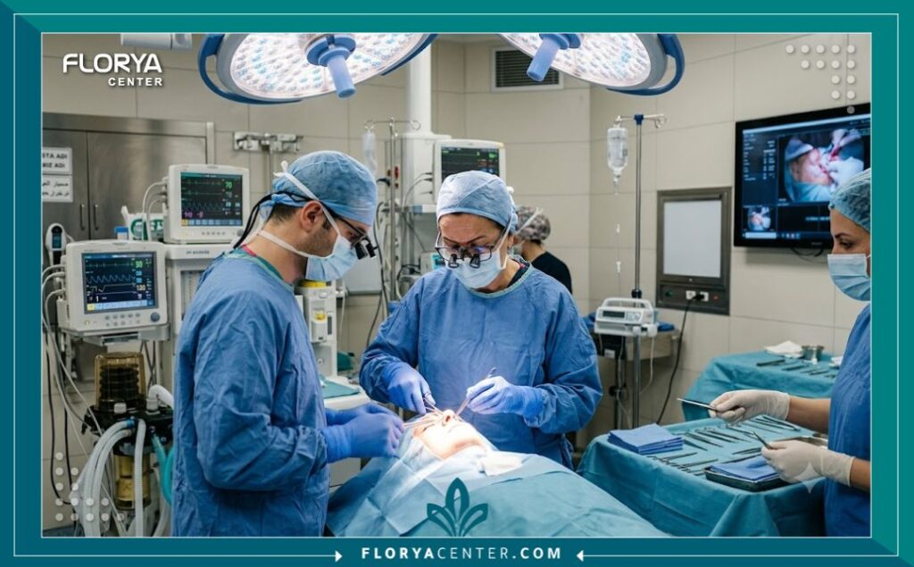 جراحو تجميل أتراك يجرون عملية دقيقة لشد الوجه والجفون داخل غرفة عمليات معقمة ومتطورة في إسطنبول.