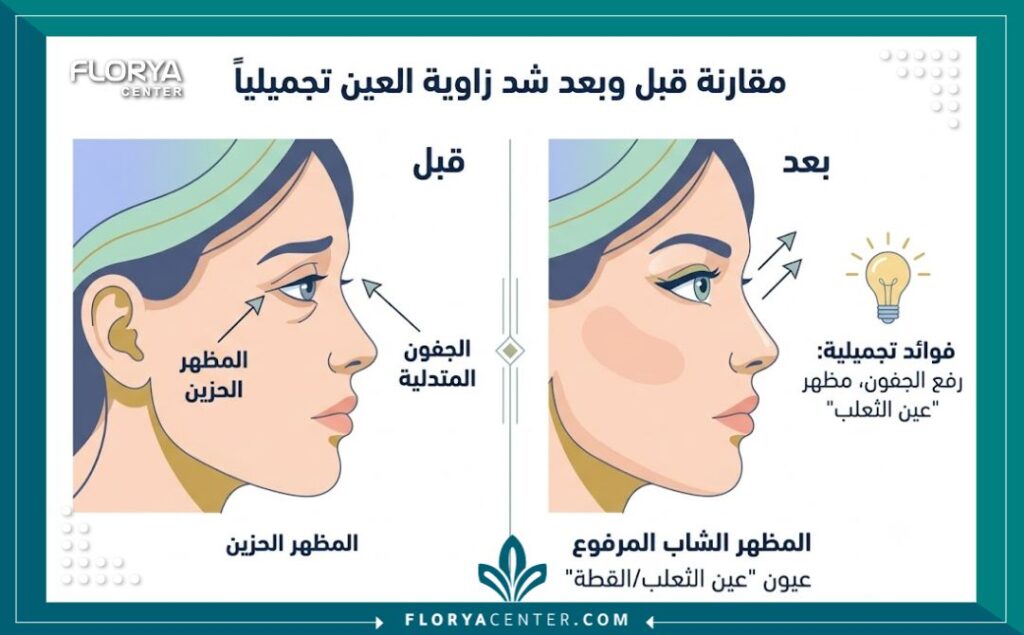إنفوجرافيك مقارنة قبل وبعد عملية شد زاوية العين في تركيا، يوضح الفرق بين المظهر الحزين والمظهر المرفوع الشاب (عين الثعلب) باللغة العربية.