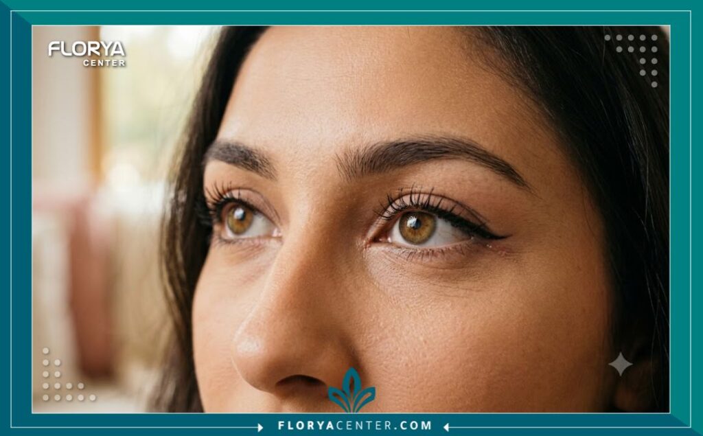 صورة مقربة جداً لعيون امرأة شابة بعد عملية شد زاوية العين تجميلياً، تظهر النتيجة النهائية مع عيون مرفوعة ومظهر "عين الثعلب" بشكل طبيعي وجمالي.