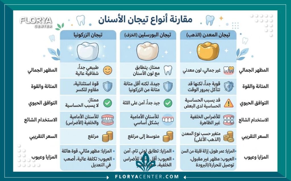 طربوش الاسنان في تركيا 3 إنفوجرافيك يوضح مقارنة بين أنواع طربوش الاسنان في تركيا المختلفة مثل الزيركون والبورسلين، واختيار تاج الأسنان الأنسب.