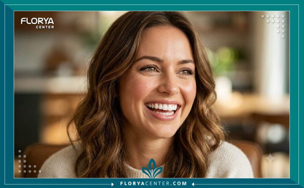 طربوش الاسنان في تركيا 5 ابتسامة صحية وجميلة لامرأة بعد الحصول على تلبيسة الأسنان، نتائج تجميل الأسنان وتركيب الطربوش بنجاح.