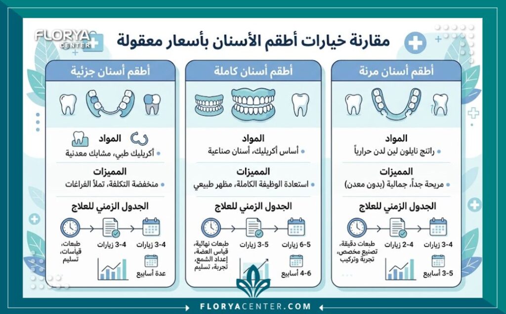 إنفوجرافيك يقارن بين أسعار وأنواع طقم الأسنان المتحرك في تركيا.