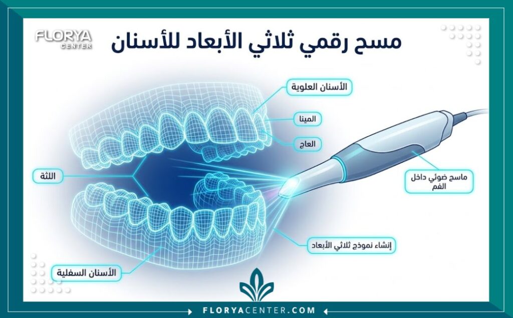 طوابع الاسنان الرقمية 3D 2 رسم توضيحي طبي يشرح تقنية عمل طوابع الأسنان الرقمية 3D باستخدام الماسح الضوئي.
