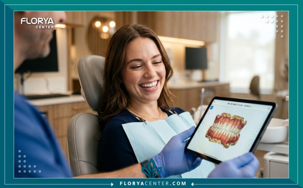 طوابع الاسنان الرقمية 3D 4 طبيب أسنان يستخدم الماسح الضوئي الرقمي لأخذ مقاسات الأسنان للمريض بدون ألم أو انزعاج.