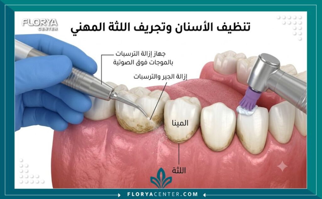 عروض تنظيف الاسنان في تركيا 2 رسم توضيحي طبي ثلاثي الأبعاد لخطوات تنظيف الأسنان وإزالة الجير وتلميع المينا في العيادات التركية.
