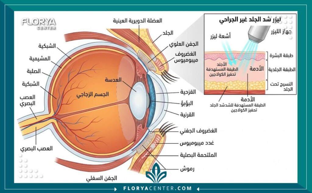 مخطط طبي يوضح تشريح العين والمناطق المستهدفة في عملية شد الجفون بالليزر