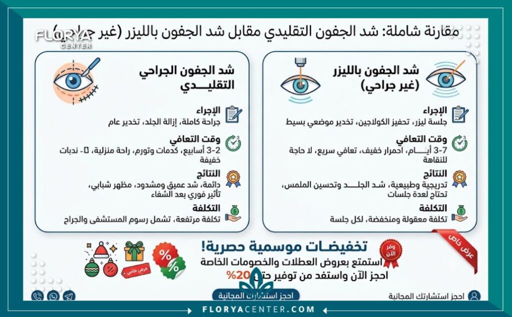 إنفوجرافيك مقارنة لتوضيح تكلفة ومميزات عروض شد الجفون بالليزر في تركيا مقارنة بالجراحة