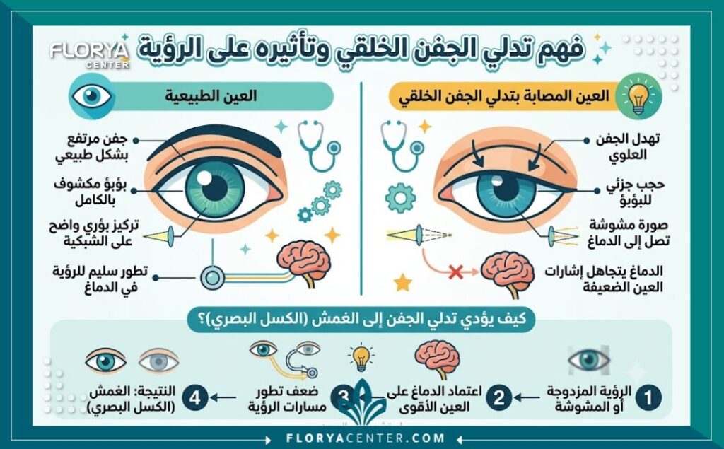 علاج ارتخاء الجفن عند الاطفال بالجراحة 3 إنفوجرافيك يوضح الفرق بين الجفن الطبيعي والجفن المرتخي ومخاطر الإصابة بالعين الكسولة لبيان أهمية التدخل الجراحي المبكر.