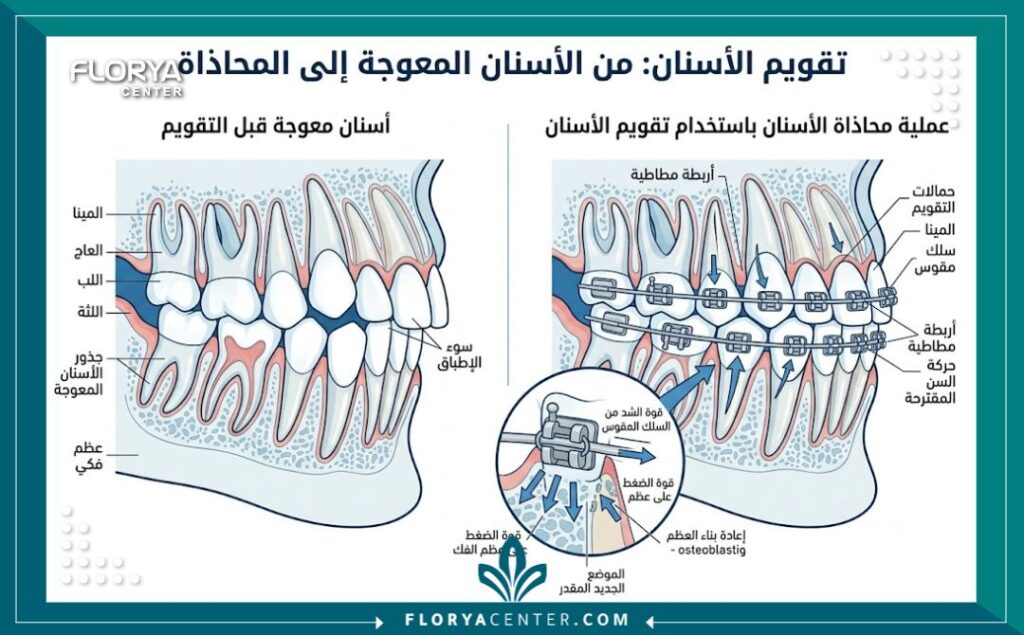 رسم توضيحي طبي يشرح آلية عمل تقويم الأسنان في علاج الاعوجاج وتصحيح مسار الفكين.