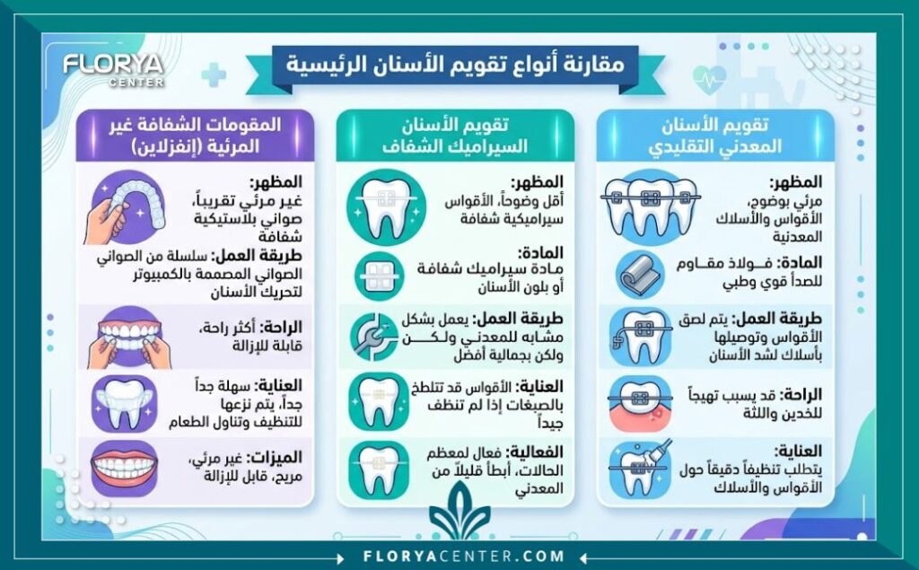 إنفوجرافيك يقارن بين أنواع تقويم الأسنان المختلفة والخيارات المتاحة لعلاج الاعوجاج في تركيا.
