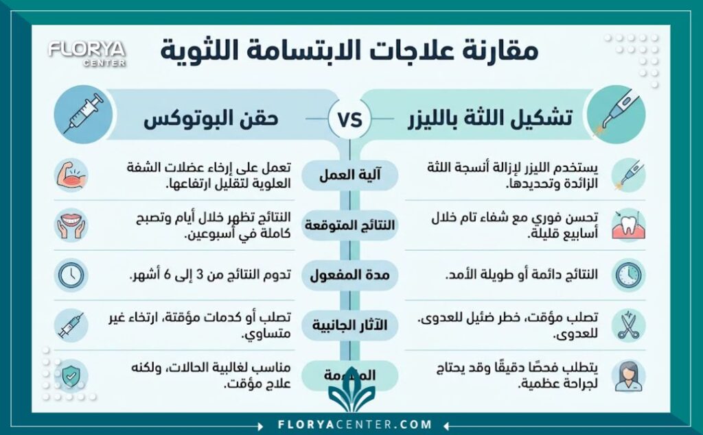 إنفوجرافيك يقارن بين طرق علاج الابتسامة اللثوية بالبوتوكس وقص اللثة بالليزر ومميزات كل طريقة لتجميل الأسنان.