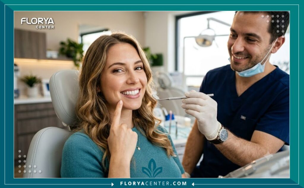 طبيب أسنان يفحص ابتسامة مريضة سعيدة بالنتائج بعد إجراء عملية تجميل اللثة للحصول على ابتسامة جذابة.