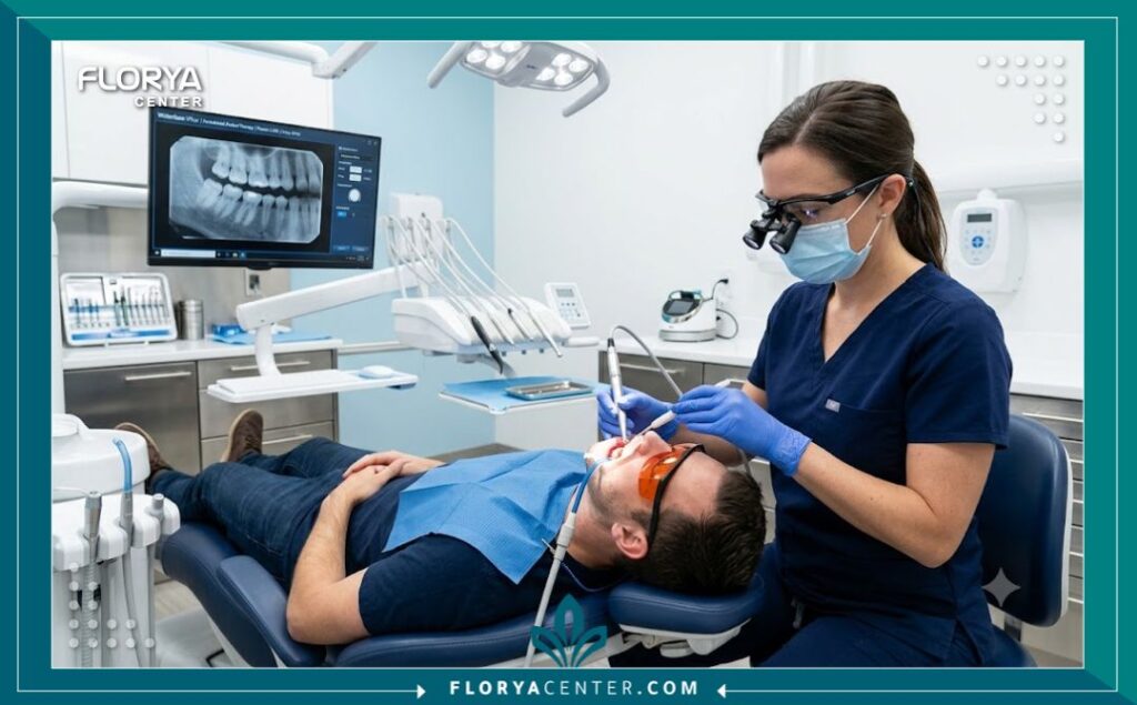 علاج التهاب اللثة في تركيا 4 طبيب أسنان متخصص يستخدم أحدث تقنيات الليزر داخل عيادة أسنان حديثة لعلاج التهاب اللثة في تركيا.