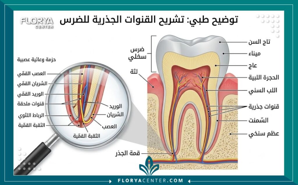 رسم تشريحي يوضح قنوات جذور الأسنان الدقيقة وأهمية علاج العصب المجهري لضمان نجاح سحب العصب.