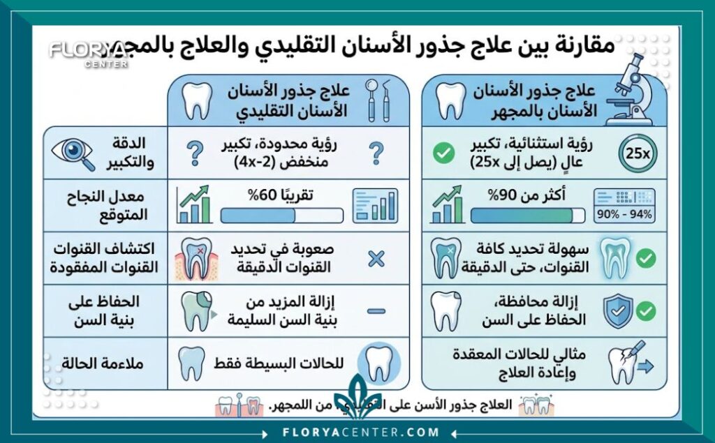 إنفوجرافيك يقارن بين سحب العصب التقليدي وعلاج العصب المجهري لبيان نسب النجاح العالية.