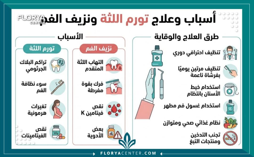 إنفوجرافيك يوضح أسباب نزيف اللثة الفموي وطرق علاج انتفاخ اللثة في تركيا خطوة بخطوة.