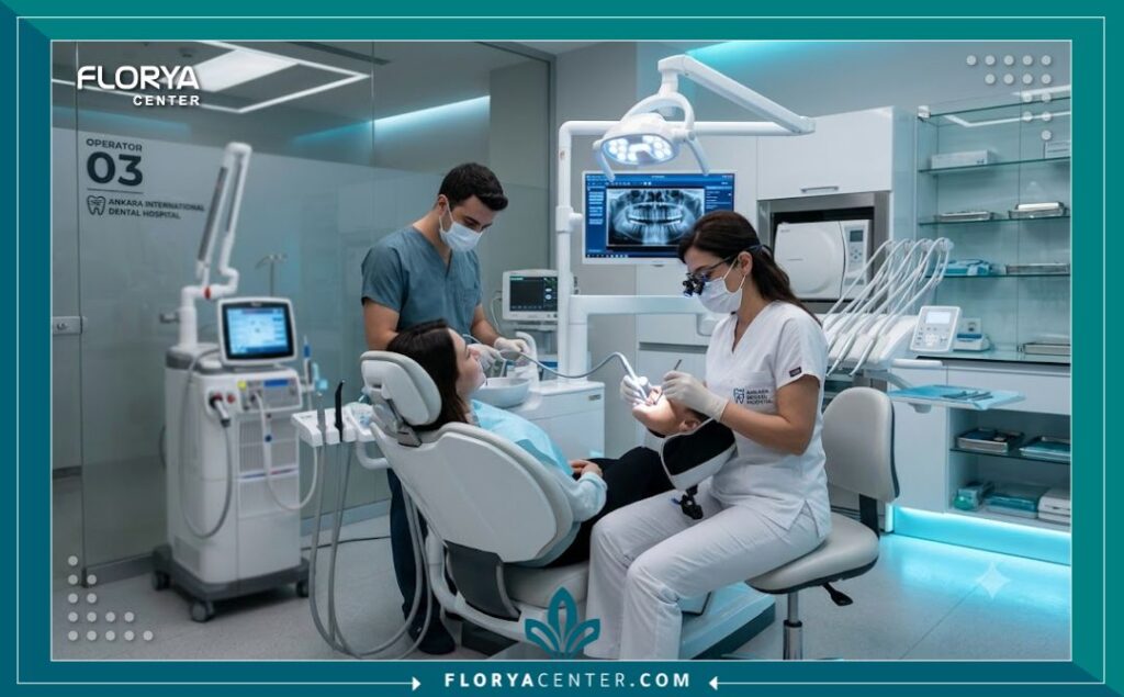 غرفة عيادة أسنان مجهزة بأحدث التقنيات الطبية والليزر لعلاج أمراض اللثة والنزيف الفموي في مستشفيات تركيا