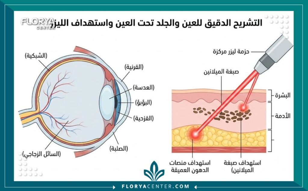 علاج انتفاخ تحت العين الوراثي بالليزر 2 رسم توضيحي طبي يبين تشريح طبقات الجلد وكيفية إذابة الأكياس الدهنية وتفتيح التصبغات الوراثية تحت العين بأشعة الليزر.