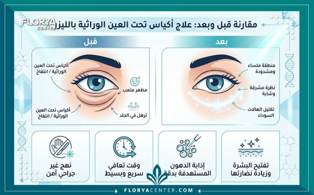 علاج انتفاخ تحت العين الوراثي بالليزر 3 إنفوجرافيك يقارن بين حالة العين قبل وبعد علاج انتفاخ تحت العين الوراثي بالليزر ويوضح مميزات الإجراء بدون مشرط جراحي.