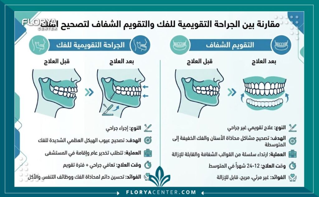 علاج بروز الفك في تركيا 3 إنفوجرافيك يقارن بين الجراحة التقويمية للفك وتقويم الأسنان العادي لعلاج بروز الفك في تركيا.