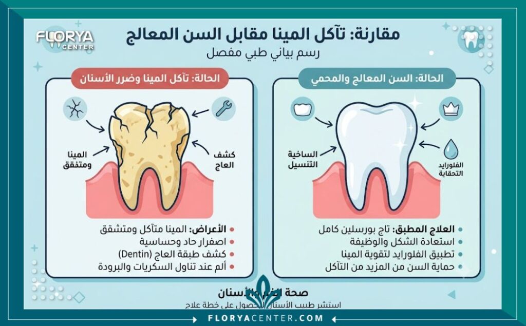 علاج تاكل مينا الاسنان في تركيا 3 إنفوجرافيك يقارن بين السن المتآكل و علاج تاكل مينا الاسنان في تركيا بالفلورايد والتلبيسات لحمايته من الحساسية.