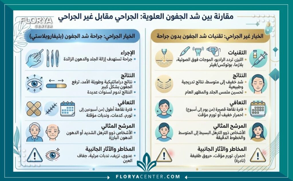 علاج ترهل الجلد فوق العين في اسطنبول 3 إنفوجرافيك يقارن بين الخيارات الجراحية وغير الجراحية لعملية شد الجفون وعلاج ترهل الجلد فوق العين.