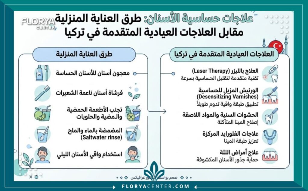 إنفوجرافيك يوضح طرق علاج حساسية الاسنان في تركيا المتقدمة والخيارات المتاحة في عيادات إسطنبول.