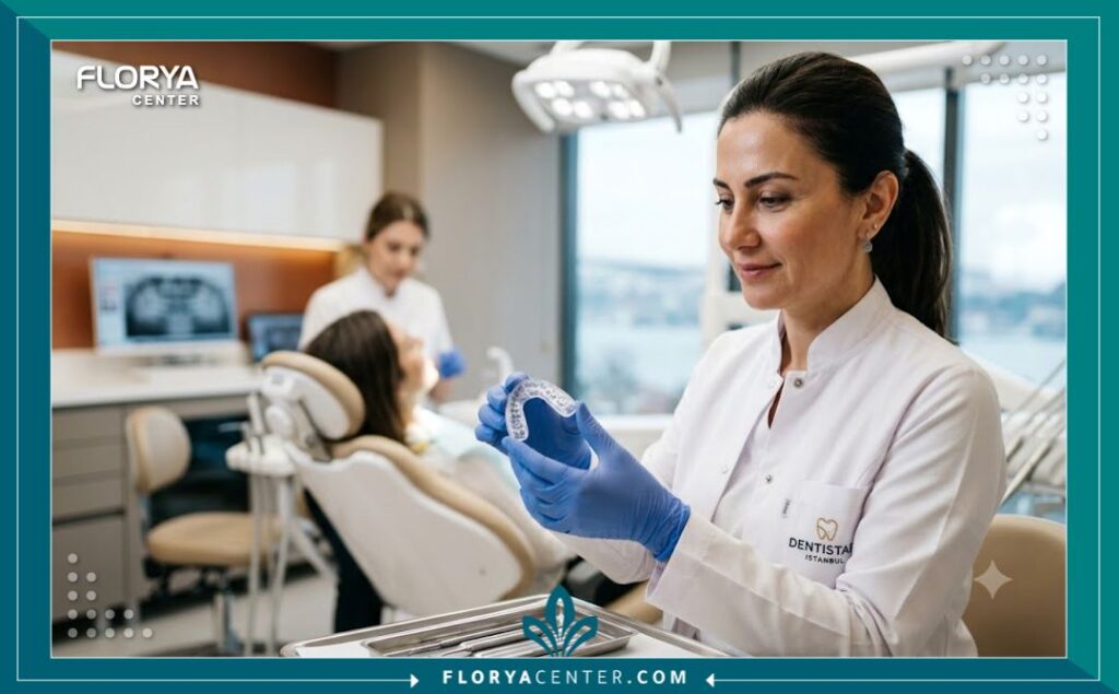طبيب أسنان في عيادة حديثة ومجهزة في تركيا يجهز واقي ليلي لعلاج صرير الأسنان.