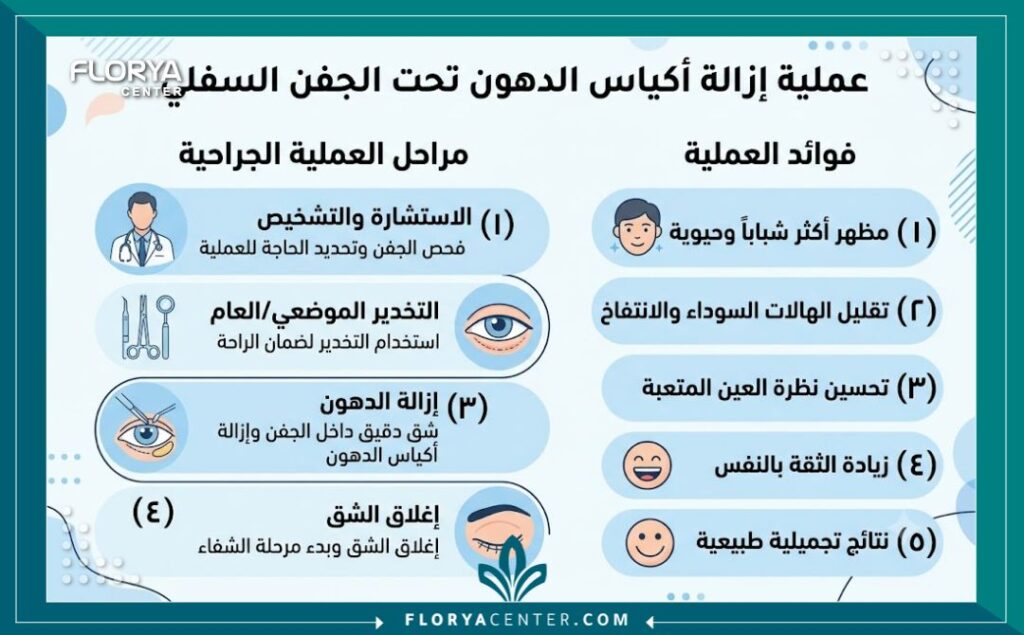 إنفوجرافيك يوضح خطوات وفوائد عملية إزالة فتق الدهون الحجاجية السفلية وإعادة تموضعها.