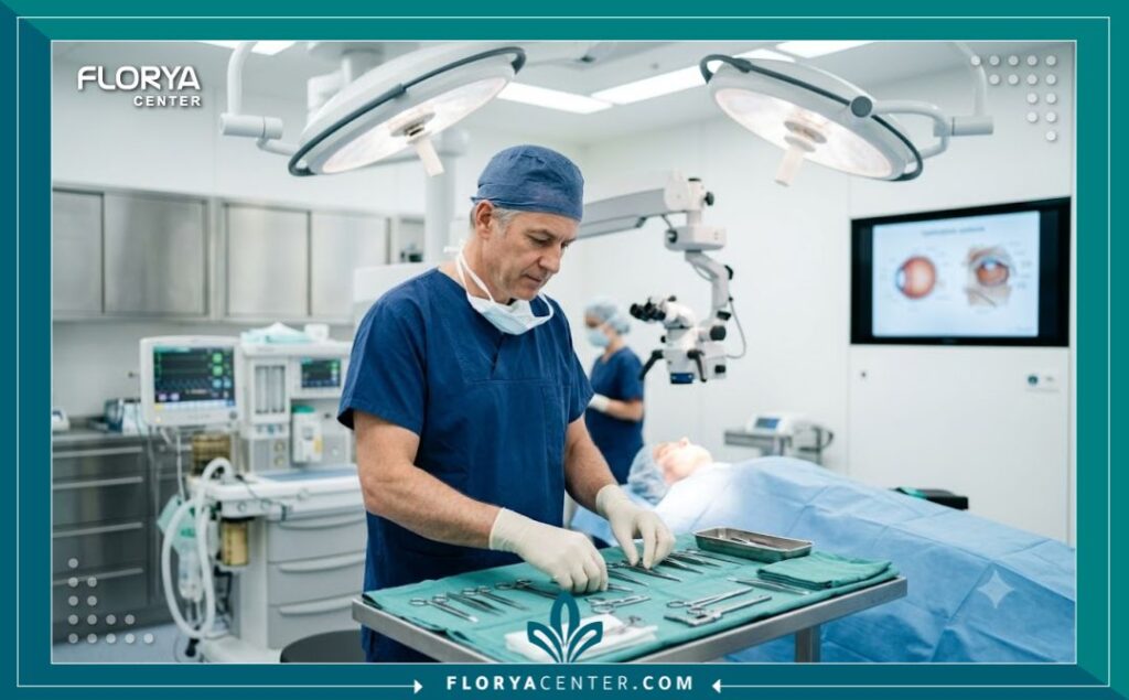 غرفة عمليات حديثة ومعقمة مجهزة لإجراء جراحة تجميل الجفون وإزالة دهون العين على يد جراح متخصص.