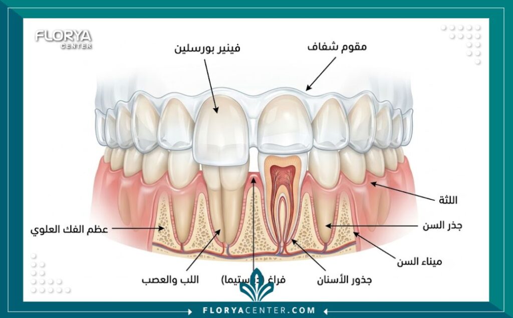رسم توضيحي طبي يشرح تشريح الدياستيما وكيفية إغلاق فلجات الأسنان تجميلياً.