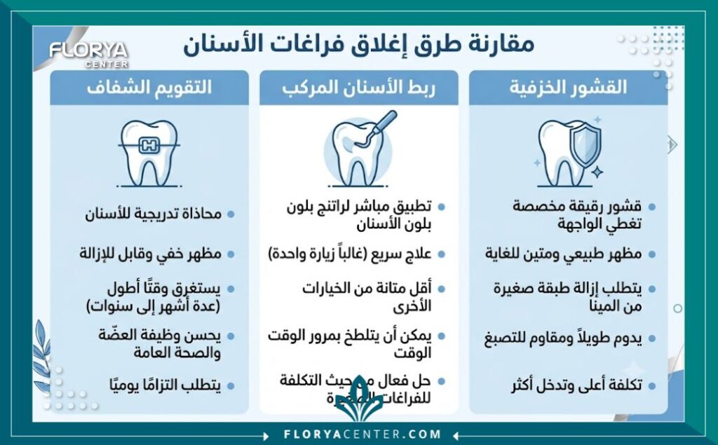إنفوجرافيك يقارن بين طرق علاج فراغات الاسنان في تركيا: التقويم الشفاف، الحشوات التجميلية، وعدسات الفينير.