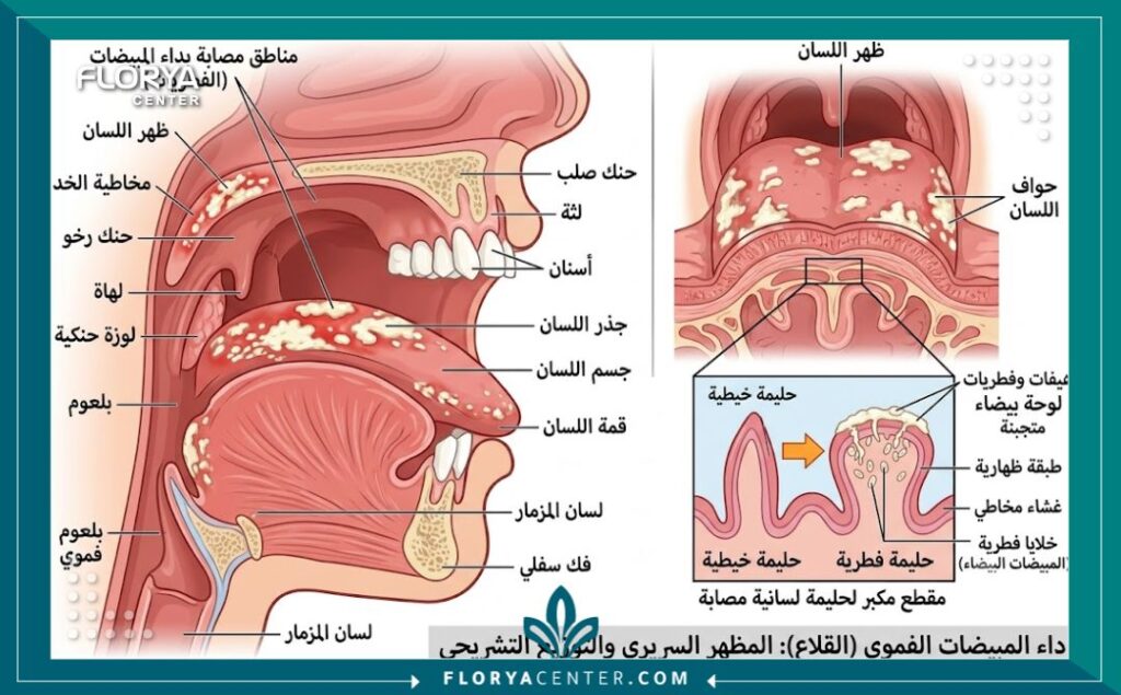 علاج فطريات الفم في تركيا 2 رسم توضيحي طبي مفصل يوضح تشريح الفم واللسان وأماكن تركز فطريات الفم (الكانديدا).