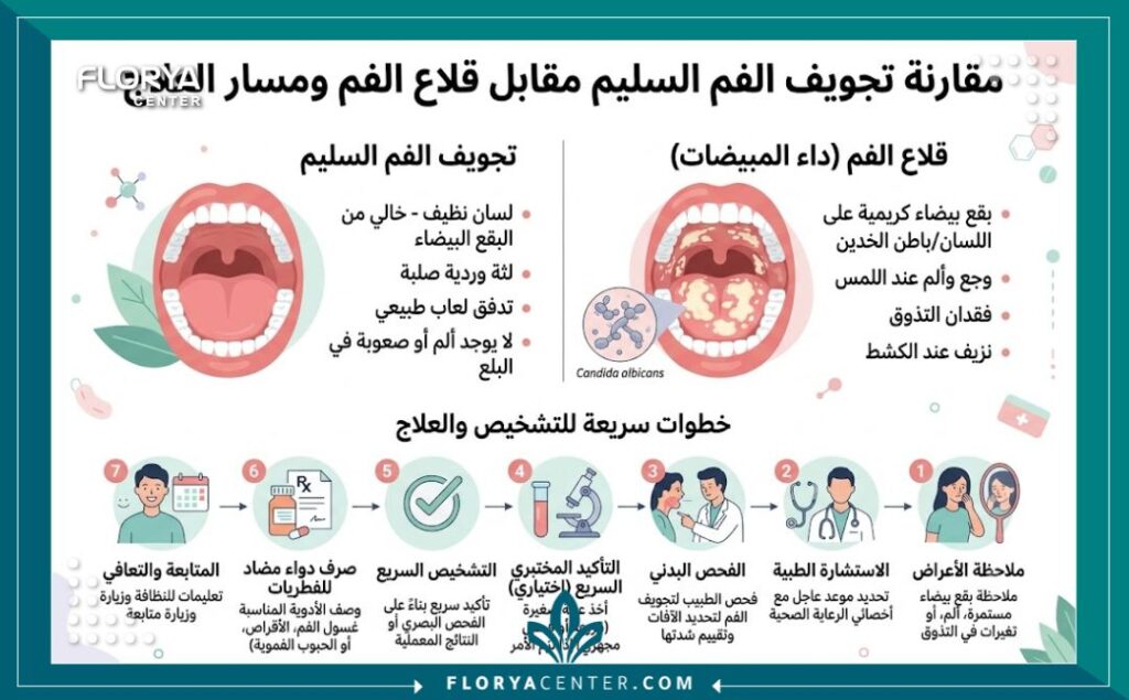 علاج فطريات الفم في تركيا 3 إنفوجرافيك طبي يقارن بين الفم السليم وأعراض كانديدا الفم مع خطوات التشخيص السريع للحصول على الوصفة الطبية.