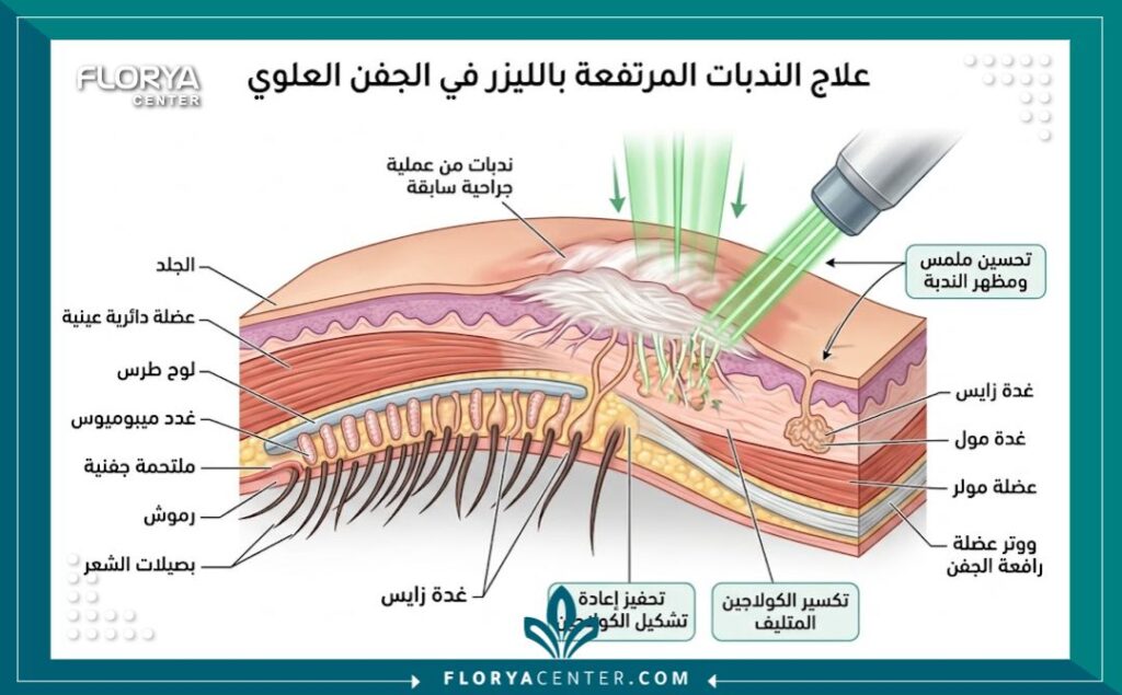 علاج ندبات عملية شد الجفون القديمة 2 رسم توضيحي طبي يشرح تشريح الجفن وكيفية استهداف وعلاج ندبات عملية شد الجفون القديمة البارزة باستخدام الليزر.