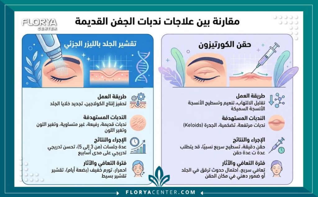 علاج ندبات عملية شد الجفون القديمة 3 إنفوجرافيك يقارن بين جلسات الفراكشنال ليزر وحقن الكورتيزون في إخفاء الندبة الجراحية البيضاء بعد عملية شد الجفون.