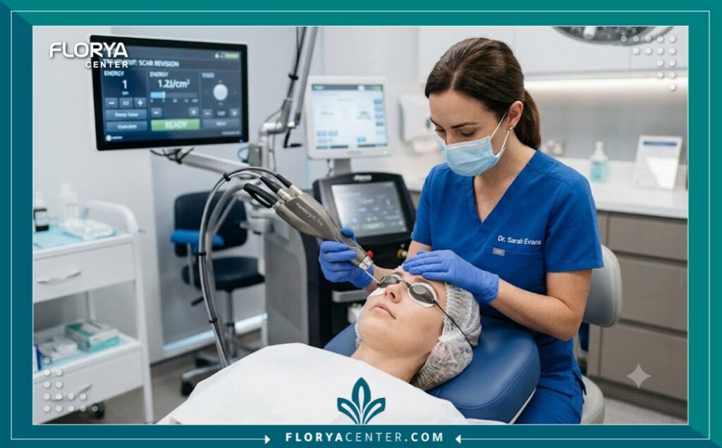 علاج ندبات عملية شد الجفون القديمة 4 طبيب تجميل متخصص يجهز جهاز الليزر الحديث للبدء في جلسة علاج ندبات عملية شد الجفون القديمة داخل عيادة معقمة.