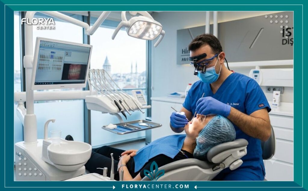 علاج نزيف اللثة في تركيا 4 طبيب أسنان متخصص يقوم بفحص اللثة وتشخيص أسباب خروج الدم أثناء التفريش داخل عيادة حديثة في تركيا.