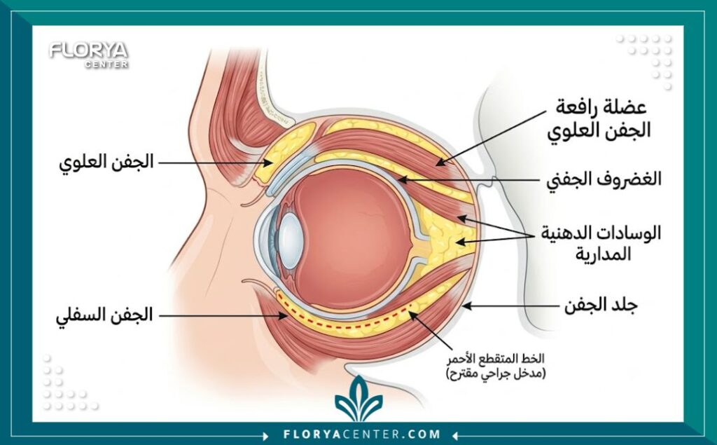عمليات تجميل العيون والجفون للرجال 2 مخطط طبي يوضح التشريح الدقيق لجفن العين الذكري والمنطقة المدارية، مع مؤشرات باللغة العربية توضح العضلات والدهون المستهدفة في عملية تجميل الجفون للرجال.