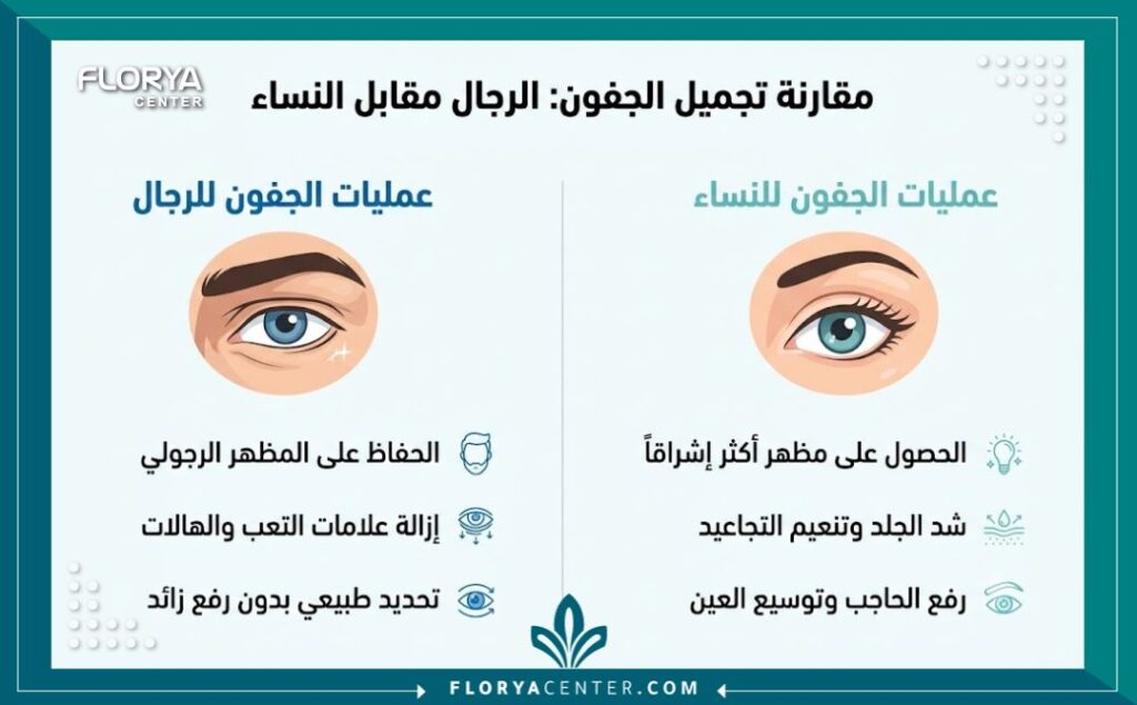 عمليات تجميل العيون والجفون للرجال 3 إنفوجرافيك طبي يقارن بين أهداف عمليات تجميل العيون والجفون للرجال (الحفاظ على الرجولة وإزالة التعب) والنساء (النعومة والرفع)، مع نصوص عربية توضيحية.