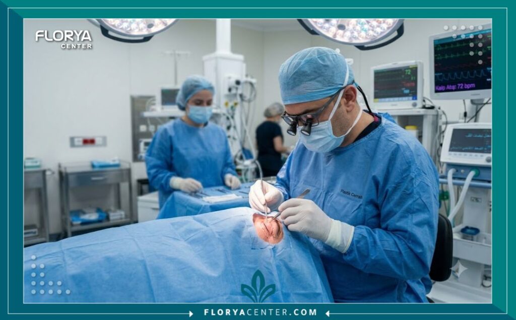 عمليات تجميل العيون والجفون للرجال 4 صورة واقعية من داخل غرفة عمليات معقمة في إسطنبول، تظهر طبيب تجميل يجري بدقة عملية تجميل الجفون لمريض رجل تحت إضاءة جراحية متخصصة.