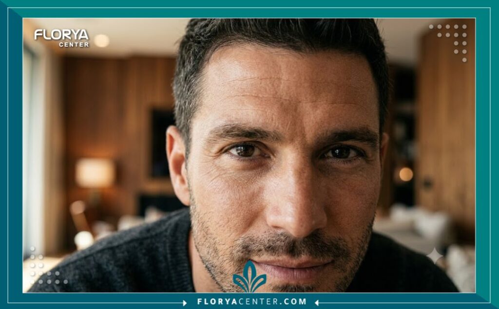 عمليات تجميل العيون والجفون للرجال 5 لقطة قريبة (زووم) تركز على عيون رجل ذو ملامح رجولية قوية، تظهر المنطقة المحيطة بالعين مشدودة وخالية من التعب والهالات السوداء بعد جراحة تجميل الجفون الناجحة للرجال.