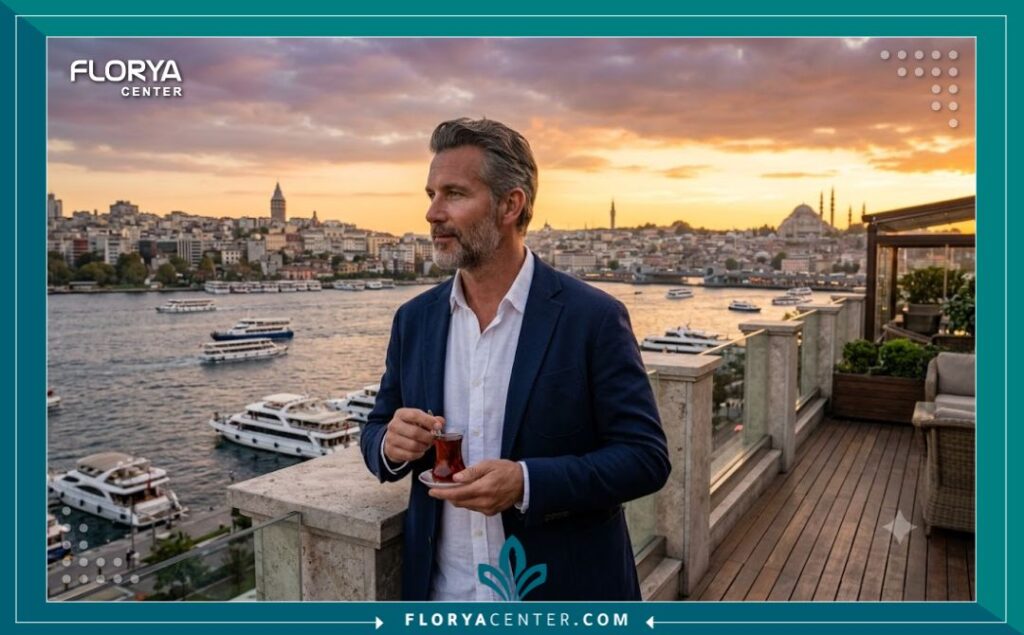 عمليات تجميل العيون والجفون للرجال 6 رجل وسيم يستمتع بمنظر مضيق البوسفور وبرج غلاطة في إسطنبول وقت الغروب، ويظهر بمظهر متجدد وحيوي، مما يربط بين رفاهية السياحة العلاجية ونتائج عملية تجميل الجفون للرجال في تركيا.
