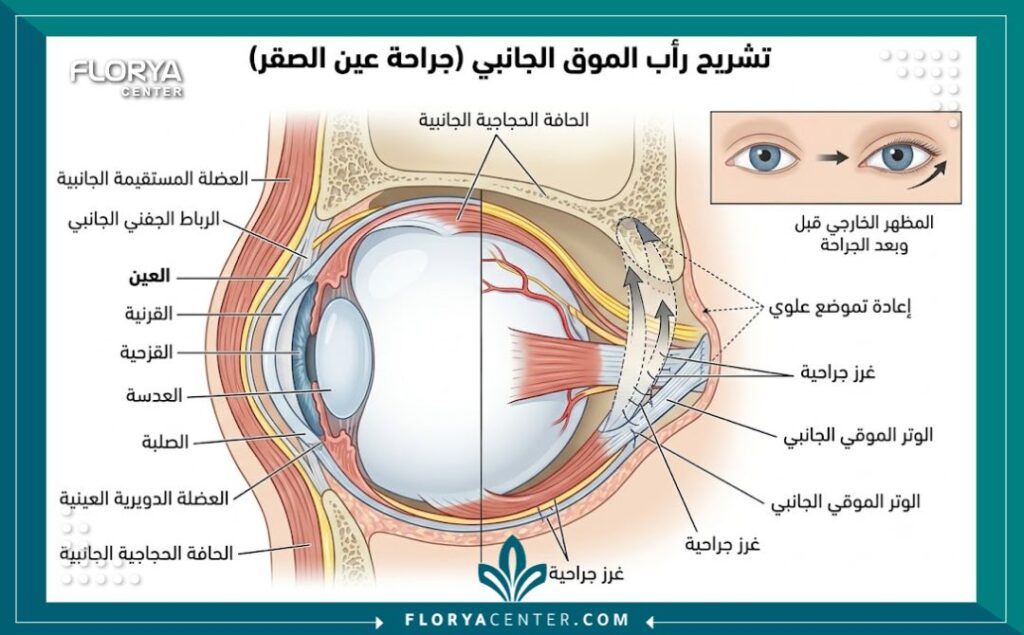 رسم توضيحي طبي يشرح تشريح منطقة العين وخطوات إجراء عملية تجميل عيون الصقور لرفع الزاوية الخارجية.