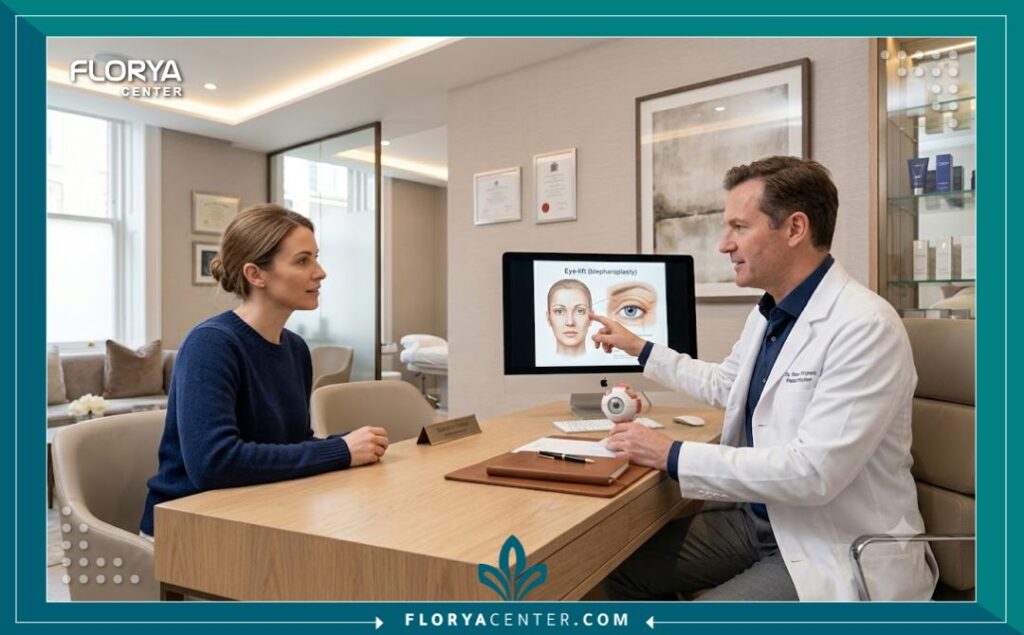 استشارة طبية في عيادة تجميل حديثة ومجهزة للتحضير لعملية سحب العيون وعمليات تجميل عيون الصقور.