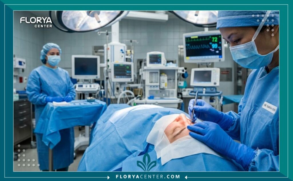 لقطة واقعية من داخل غرفة عمليات معقمة في اسطنبول، تظهر جراح تجميل يقوم بوضع علامات دقيقة على منطقة الحاجب لمريضة استعداداً لإجراء شد الحاجب والجفون (عملية أبروفل).