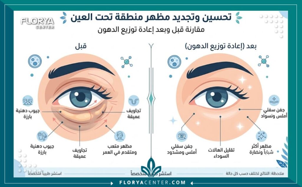 إنفوجرافيك يقارن بين شكل تحت العين قبل وبعد عملية إعادة تموضع دهون الجفن السفلي ونقل الأكياس الدهنية.