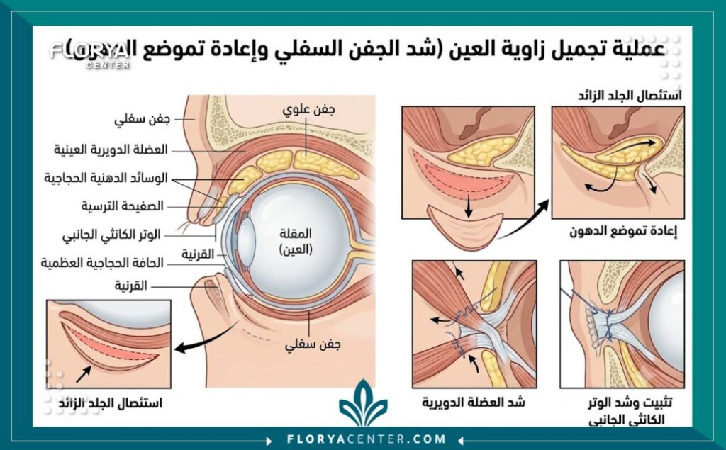 رسم توضيحي طبي دقيق يشرح التشريح الداخلي لخطوات عملية إعادة هيكلة الجفن المعقدة ونقل الدهون حول العين.