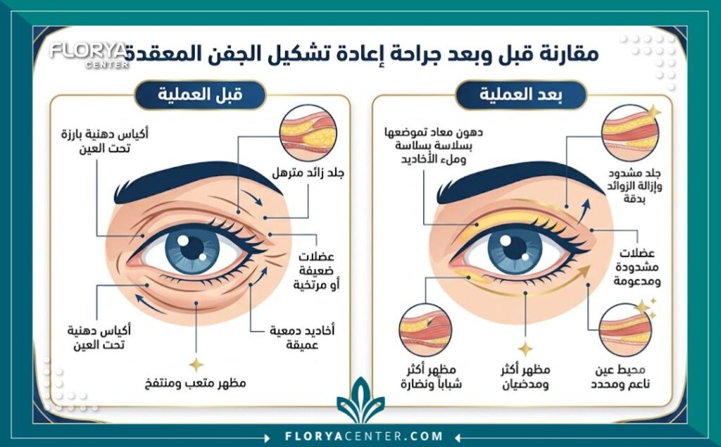 إنفوجرافيك طبي يقارن بين حالة العين قبل وبعد عملية إعادة هيكلة الجفن مع توضيح توزيع الدهون وشد العضلات.