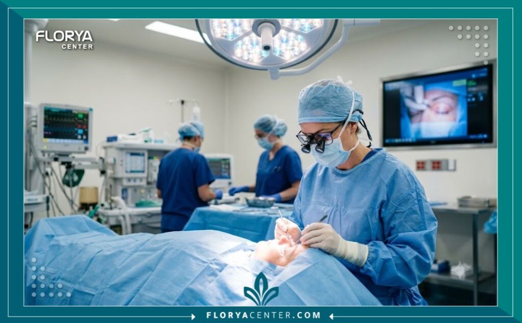 جراح تجميل عيون خبير يجري عملية إعادة هيكلة الجفن باستخدام أحدث التقنيات الطبية داخل غرفة عمليات معقمة وحديثة.